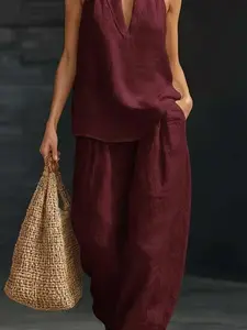 Boho Linen Two Piece Set, Halter Neck Sleeveless Top, Wide Leg Pants, Perfect for Beach, Vacation & Brunch, Summer, Women's Fashion