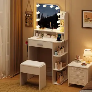 Linor Small Makeup Vanity Desk with Mirror and Lights, 26.4 Small Vanity for Small Space with Stool and Charging Station, Compact Vanity with 3 Color Lighting Modes (White)