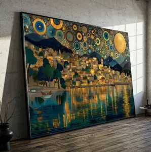 Gustav Klimt Golden Night Cityscape Canvas Wall Art, Abstract City Reflection, Luxury Home Decoration, Artistic Canvas Print