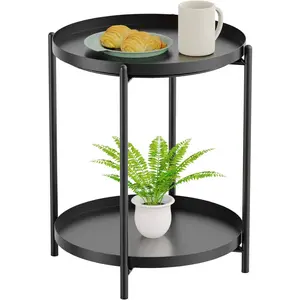 Nilight End Table Metal Small Table Indoor Outdoor & Snack Bedside Table Sofa Side Snack Table Accent Coffee Table Living Room Bedroom Balcony 2 Layer (Black)
