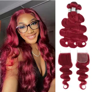 Gefily[12A]Burgundy Bundles Human Hair with Closure 99j 4x4 Body Wave Closure Human Hair with 4 Bundles 18 20 22 24+16inch-100% Unprocessed Raw Brazilian Virgin Hair, Wine Red Color Brazilian Body Wave