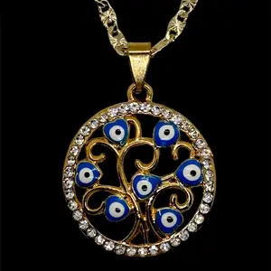14K Gold Plated Necklace with Evil Eye Hearts on a Tree of Life Design – 14K Oro Banado con Ojo Malo y Árbol de la Vida