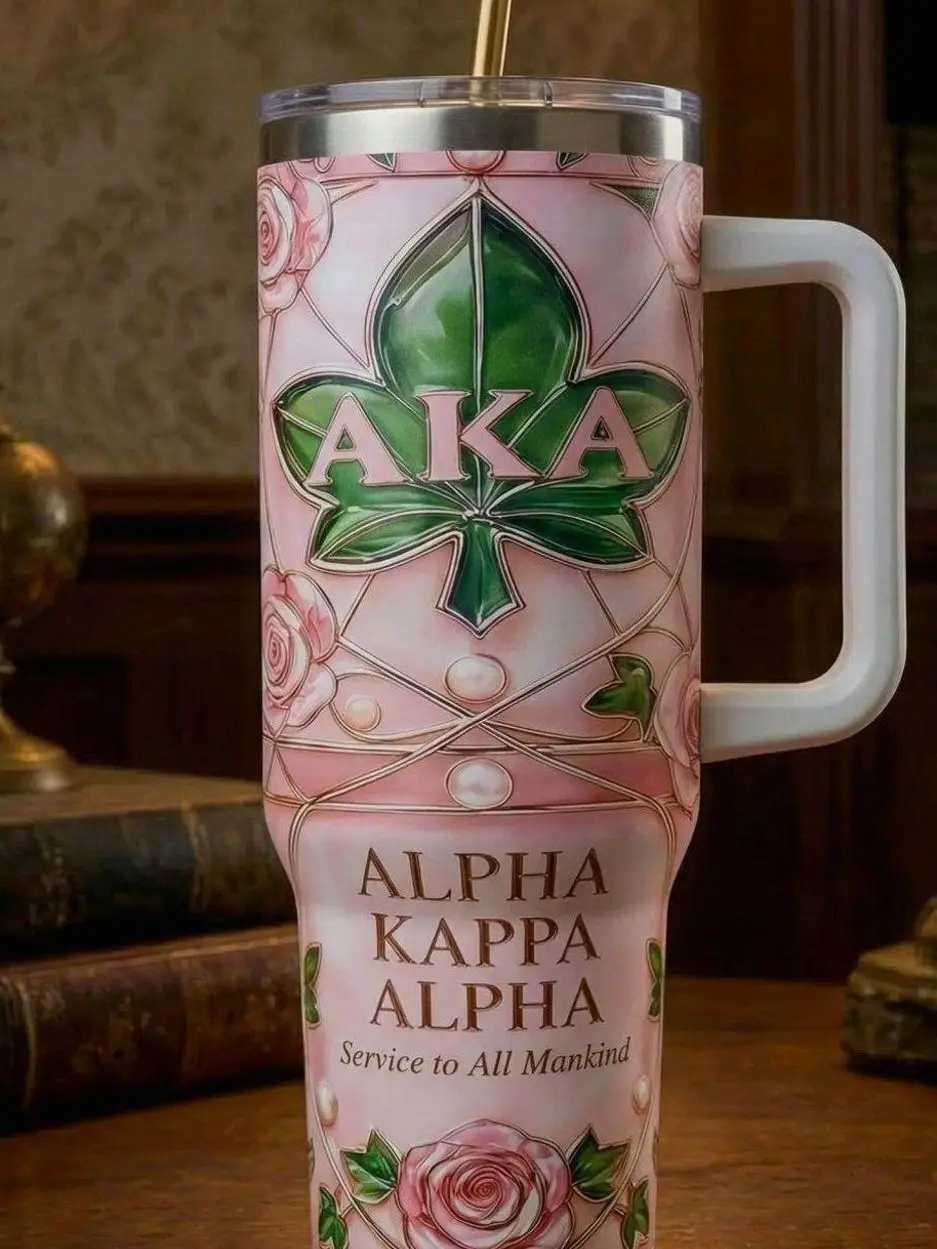 Alpha Kappa Alpha Tumbler with Handle – AKA Sorority Luxury Mug, Pink & Green Stainless Steel Cup, Perfect AKA Gift