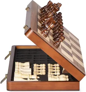 15" Wooden Chess Set with Magnetic Pieces - Extra Queens - Folding Chessboard Portable Travel Tournament Chess Board Games for Adults Kids