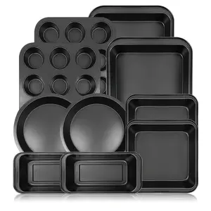 Essential Bakeware Set - 10-Piece Black Non-Stick Cake Pans Loaf Muffin Baking Trays & Pizza Pans for Family Gatherings Daily Baking Holiday Gifts