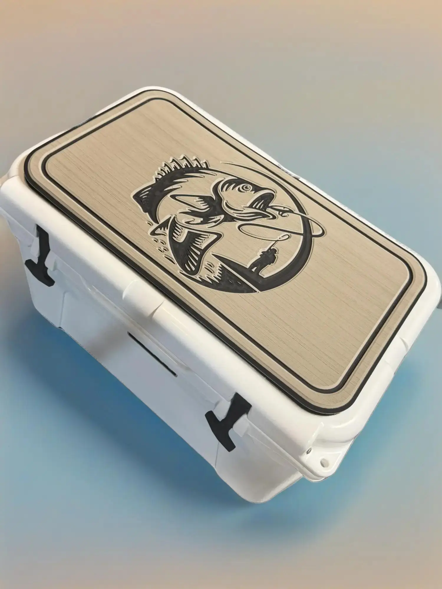 RTIC Cooler Pad with Hooked on Bass Logo - Top Fits RTIC Cooler Lid - Tan/Black Mat - Easy Peel and Stick Application - 3M Adhesive - Outdoor Camping Supplies Ice Box
