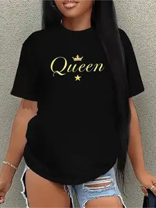 Wo Elegant "Queen" Graphic Tee - Black Short Sleeve Crew Neck Casual Summer Top with Golden Crown and Star Design Lightweight Blend Perfect for Casual Attire