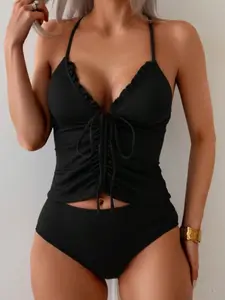 Women's Solid Color Ruched Deep V Neck Sleeveless Drawstring Tankini Swimsuit Set, Tankini Top Bottoms, Perfect for Travel, Vacation, Pool, Summer Beachwear, Ruched Tankini Top