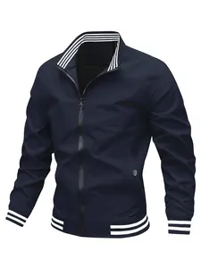 Men's Spring Autumn Striped Pilot Jacket, Thin Stand Collar Trendy Casual Outerwear, Youthful Stylish Versatile Bomber Coat, Zip Up Jackets