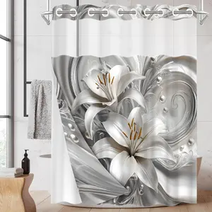 1PC 2D Flat Embossed Lily Pattern Double-Layer Woven Shower Curtain (No Hooks), Transparent Top Window, Removable liner with snap-on lining, Modern and Personalized Bathroom Partition Art Decoration, Bathroom Decor, Holiday Decoration