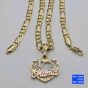 #1 MAMA Necklace 3 color Pendant , Chain Figaro link 14k color 24 & 18 inches 5mm wide Laminated gold #1 MAMA. SKU : CH04         : CH15 SKU : PE09