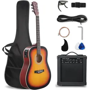 GLARRY 41in Full Size Acoustic Electric Guitar Beginner Kit with 15W Amp, 5-band EQ Cutway Design 6 Strings Electric Acoustic Guitar with Bag, Strap, Picks, Strings, Wrench (Sunset, 41in)