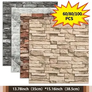 60/80/100pcs 3D Foam Wall Stickers, Brick Pattern, Waterproof Self-Adhesive Panels, Decorate Kitchen, Living Room, Bathroom, Office, Home, Dormitory, Foam Brick Wallpaper