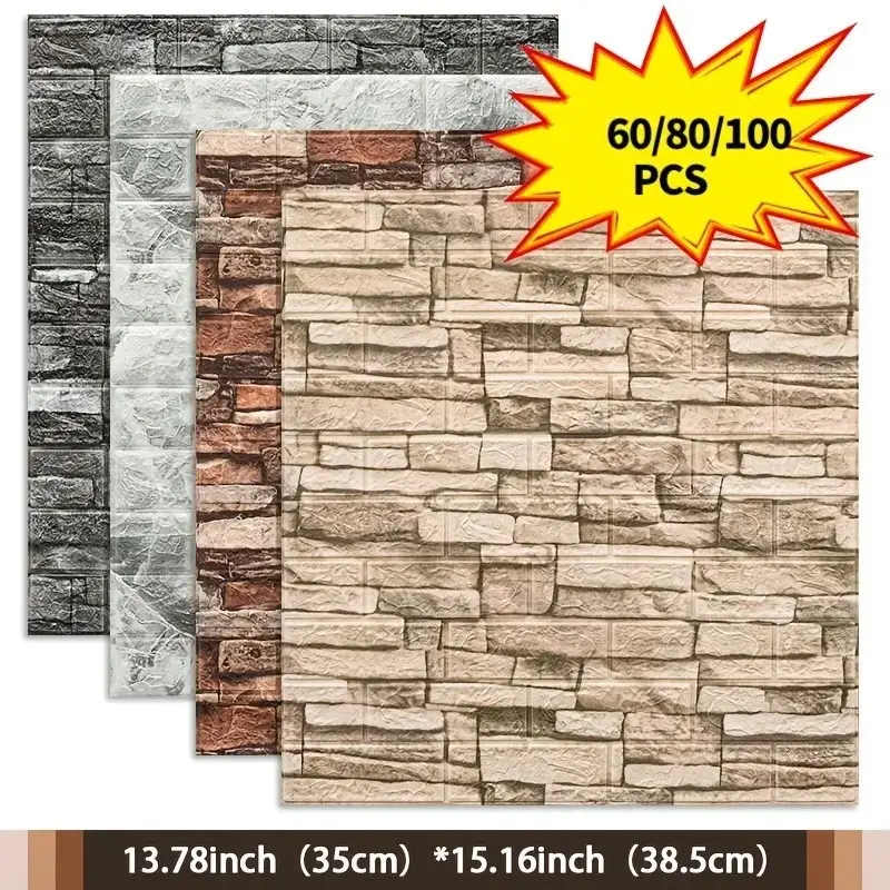 60/80/100pcs 3D Foam Wall Stickers, Brick Pattern, Waterproof Self-Adhesive Panels, Decorate Kitchen, Living Room, Bathroom, Office, Home, Dormitory, Foam Brick Wallpaper, Brick Wallpaper Peel And Stick