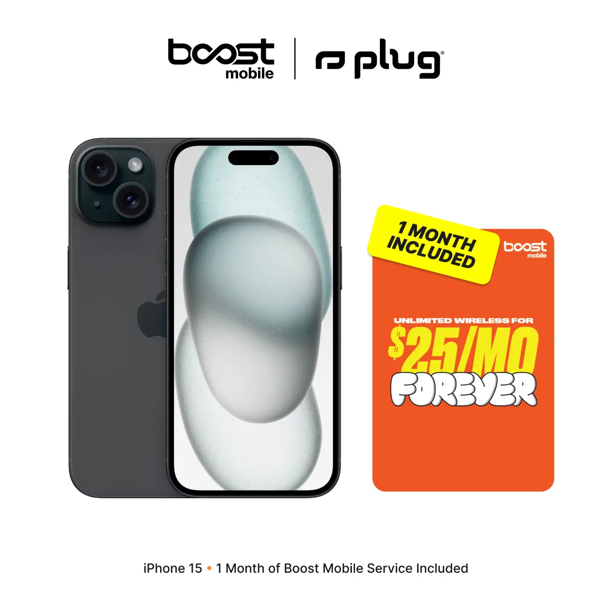 Refurbished Apple iPhone 15 (Unlocked) + 1 Month of Unlimited Boost Mobile Service Included - Good Condition with 1-Year Warranty by Plug