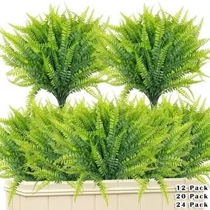 12 Bundles Artificial Plants Outdoor Faux Boston Fern Spring Decor, Decorative Fake Plant, Fake Plants UV Resistant Plastic Greenery Shrubs Artificial Fake Flowers for Outside Gardens Patio Yards Home Summer Decor