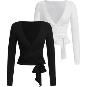 Women's Pilates Outfits Wrap Tops Ballet Yoga Coquette Shirt Cute Long Sleeve Workout Activewear