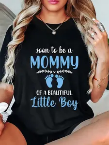 Soon to Be A Mommy Of A Beautiful Little Pregnancy Announcement T-Shirt Black with Blue Text & Footprints Print, Casual Round Neck Maternity Top, Machine Washable Comfort Fit for Women, Maternity Clothes
