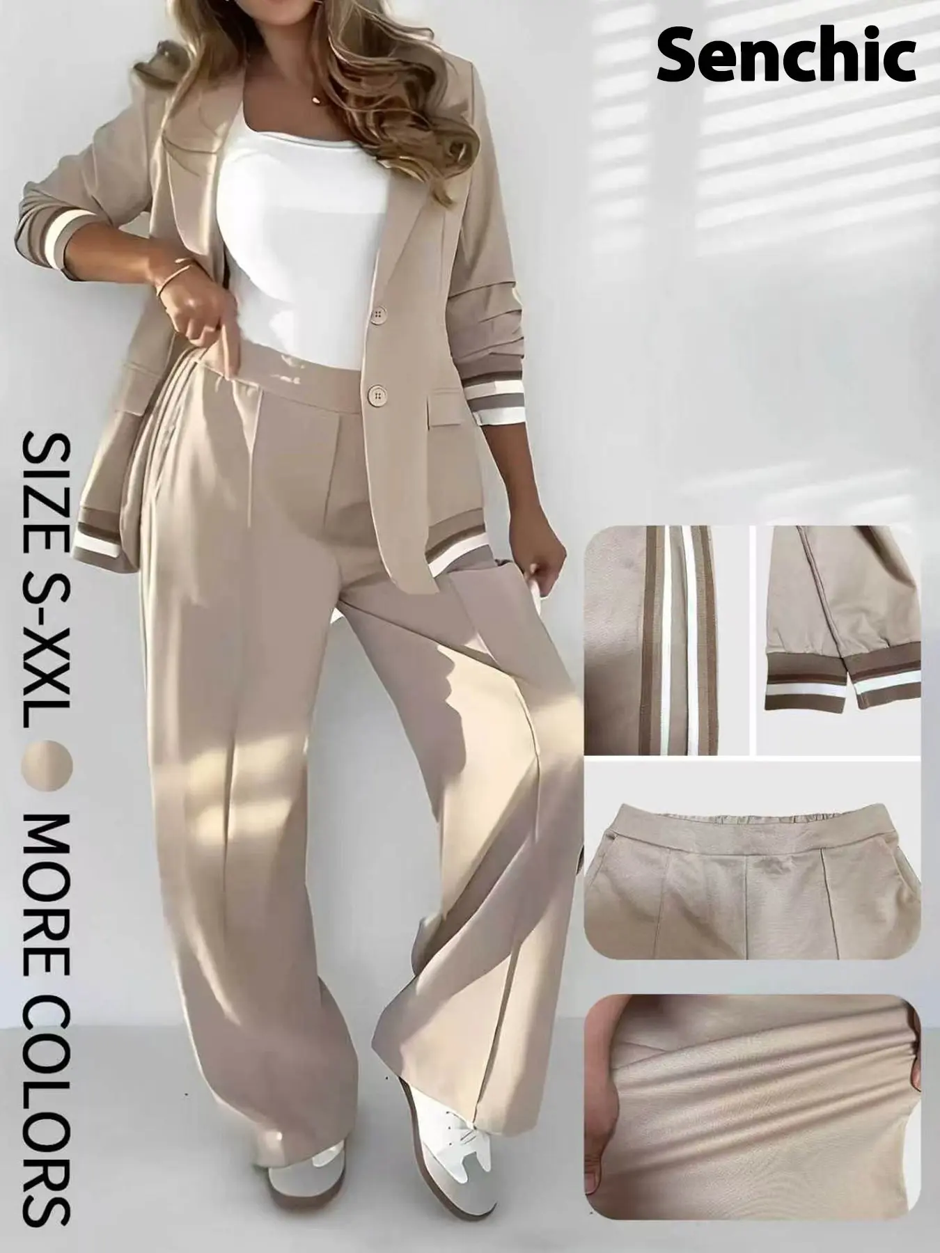 Women's Striped Trim Lapel Neck Blazer Jacket & Elastic Waist Pants Two-piece Suit Set, Outfit, Fashion Business Outfits, Casual Long Sleeve Outerwear & Trousers for Work Office Business, Ladies Clothes for All Seasons