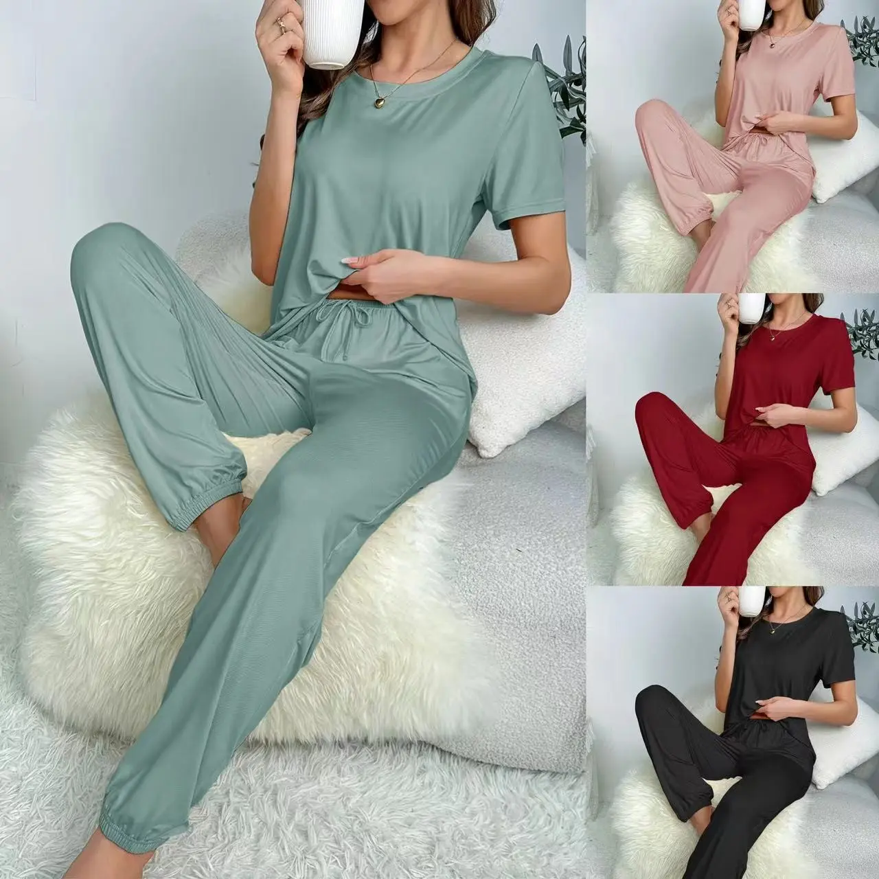 FEITAI Women's 2-Piece Breathable Fabric Lounge Set - Casual Short Sleeve Top, Fake Drawstring Elastic Long Pants for Lounging & Sleeping