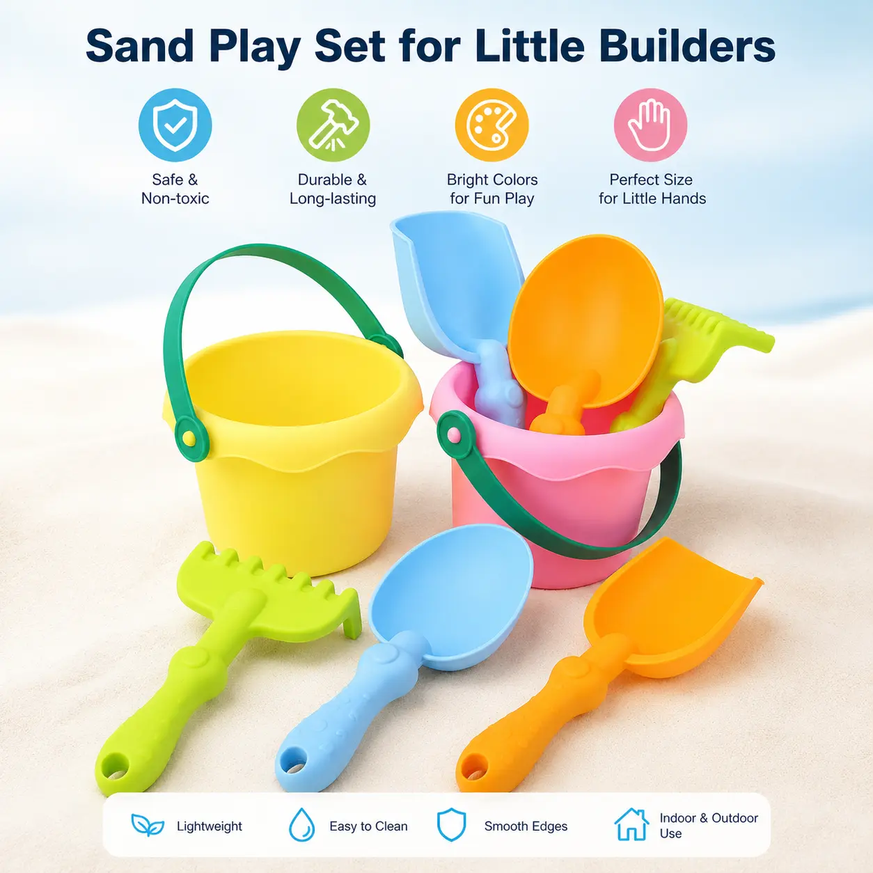4-Piece Beach Sand Toy Set for Small Hands, Soft Rubber Digging Tools - Set Includes Bucket, Shovels, Rake - Ideal for Outdoor Fun & Sand Play Activities (Home, Festive & Party Supplies, Party Bags & Gifts), Four Pieces