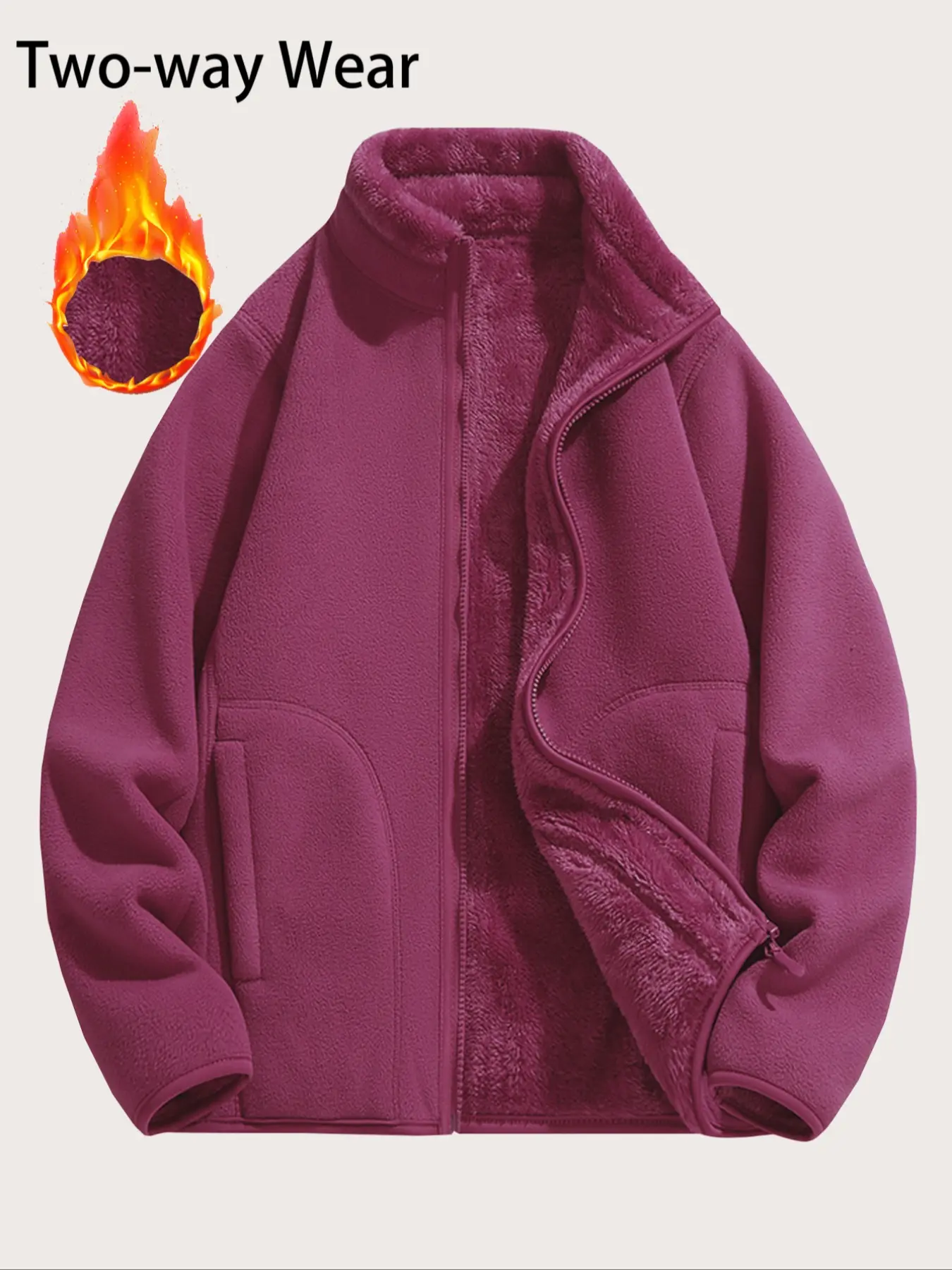 Women's Reversible Fleece Fabric Pullover Fitted Jacket Coats, Essential Zipper Comfortable Casual Sporty Outerwear Top Long Sleeve, Single Piece, Ideal for Autumn Winter Outdoor Hiking Activities