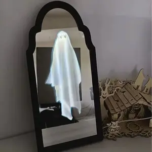 2025 Halloween Hologram Ghost Mirror – LED Spooky Haunted Mirror with Creepy Eyes, Indoor Halloween Wall Decor for Bedroom, Living Room, Fireplace, DIY Haunted House Props (Wavy Border, White Light) Decorative Switch
