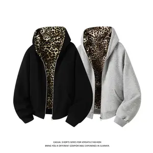 【Cropped Sweatshirt】 Autumn Winter Leopard Print Reversible Fleece Jacket Unisex High Street Casual Loose Stitch Hooded Coat