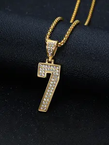 Trendy Hip Hop Lucky Number 7 Pendant Necklace, Unisex Zirconia Decorated, Fashion Accessory for All Occasions, Perfect Gift, Charms Necklace, High End Necklace, Stainless Steel Necklace, Zircon Gemstone Necklace