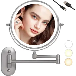 Rechargeable Wall Mounted Lighted Makeup  Mirror with 10X/1X Magnification For Shaving, 8Inch Brushed Nickel Magnifying Mirror Makeup Wall Mounted with Light,13 Inch Extendable (8CB-N10X)