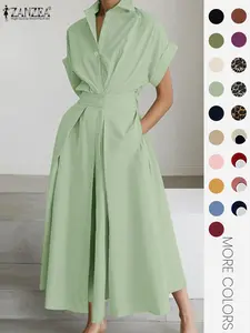 Women's Solid Color Collared Shirt Dress, Casual Short Sleeve Dress for Summer, Ladies Clothes for Daily Wear