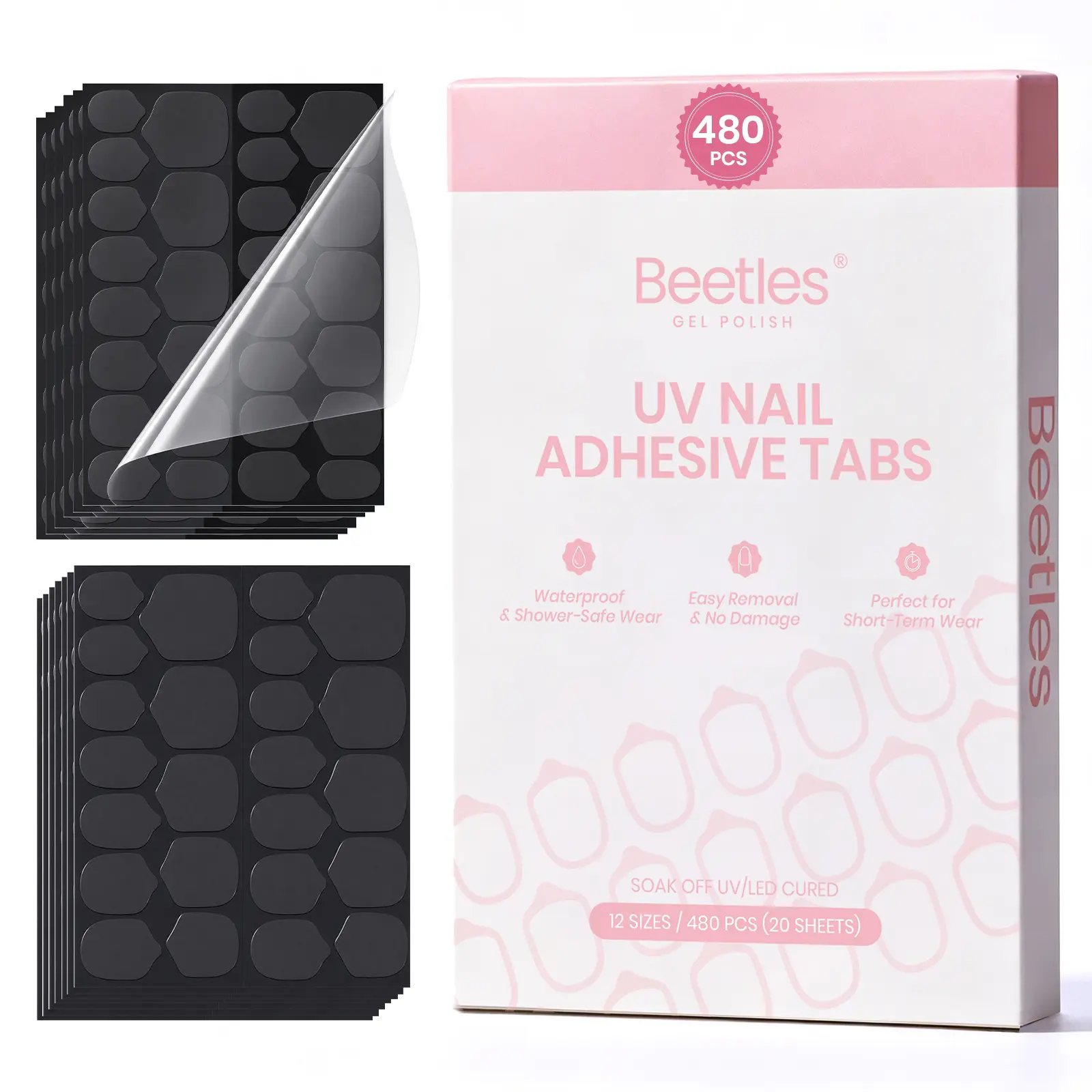 Beetles UV Nail Adhesive Tabs for Press On Nails, 480pcs 20 Sheets 12 Sizes, UV Cured Nail Glue Stickers, Clear Waterproof Breathable Strong Hold, Easy Remove False Nail Glue Tabs