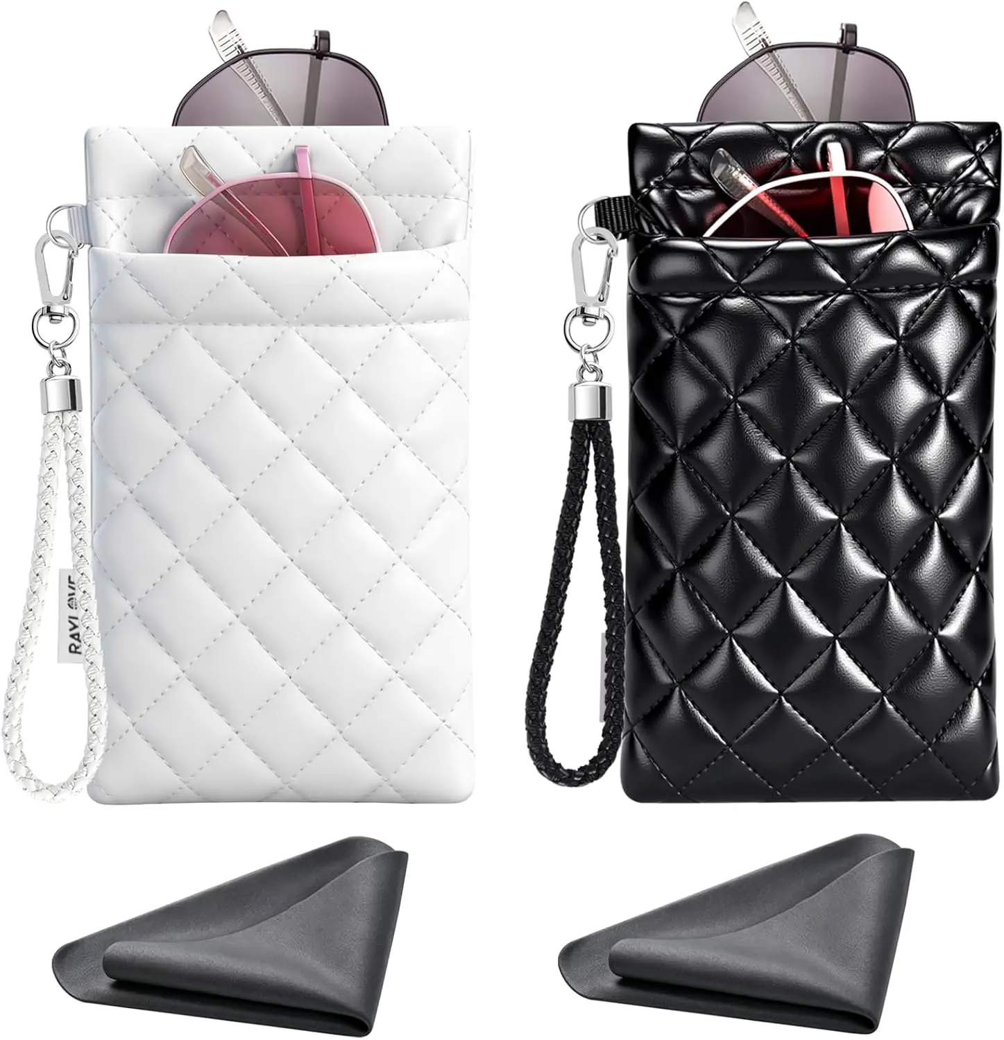 Eyeglass Case 2-Pack, Casual Quilted PU Leather Squeeze Top Pouch for Sunglasses, Protective Travel Storage, Two Pack