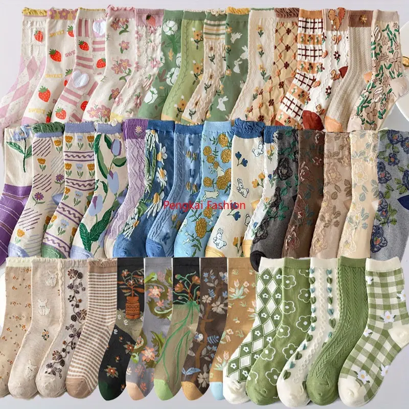 20/40 Pairs Ladies' Floral Socks Not Just The Styles Shown Flower Retro Style Socks, Sweet and Breathable Cute  Simple Earth Colored Socks Women's Socks Cartoon Art Academy  Pile Socks Trendy Versatile Long Socks