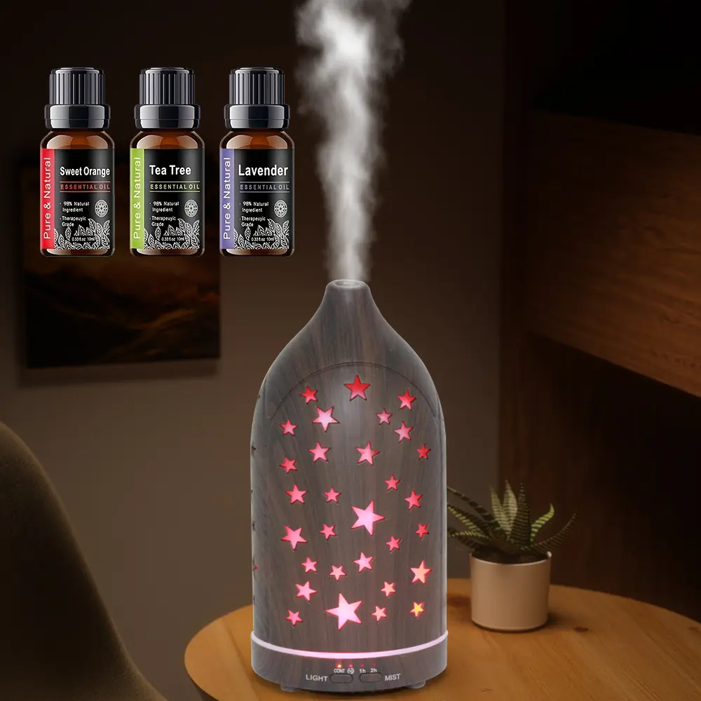 Customizable Color Wood Grain Forest Hollow Shape Ultrasonic Essential Oil Diffuser 200ml - Humidifier with Timer Control, 7 Color LED Lights, Quiet Mist, Auto Shut Off, 3 Essential Oil Bottles for Bedroom Home Decor Sohochic