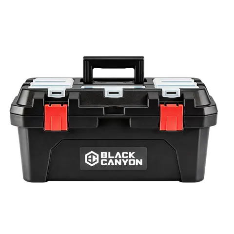 Black Canyon 19in Polypropylene Tool Box with Portable Handle, Sturdy Lightweight Dual-Layers Organizer, 44lbs Capacity, Top-Lid Storage, Double Reinforced Front Latches, Stackable Removable Tray, Power Tools Fit, Stacks for Space, Workshop Job Site Use
