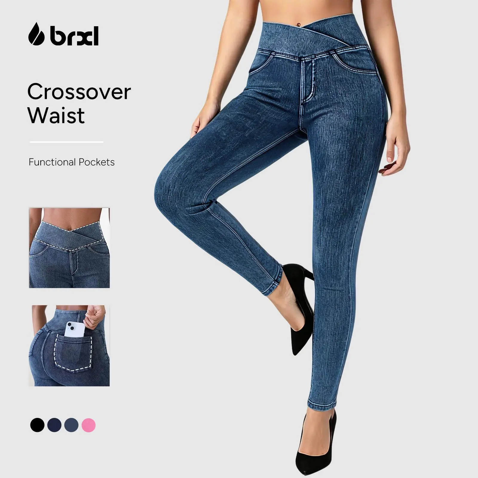 BRXL Women's High-Waisted Crossover Jeggings Stretchy Denim Leggings with Back Pockets V Cross Waist Design for Tummy Control and Flawless Fit  #Summervibes #beachoutfit #summer outfits #4th of july outfits #cute summer outfits#vacation outfits-1