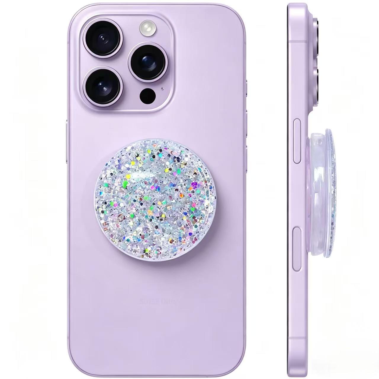 Extendable phone stand with transparent, sparkling starry crystal (starry silver), suitable for foldable phones and tablets.