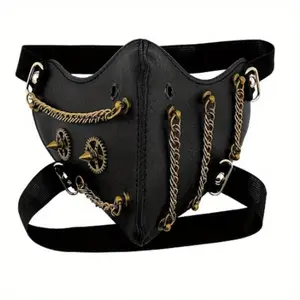 Halloween Adult Faux Leather Mask Cyberpunk Steampunk Gold Chain Adjustable Shoulder Strap Ideal For Themed Events Mask Fashion Costume