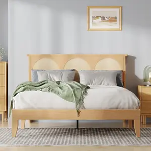 Boho Rattan Bed Frame, FULL Size Wooden Platform Bed with Rattan Headboard & Smart LED Light, Sturdy Bedframe with Under Bed Storage, No Box Spring Needed, Easy Assembly, Bohemian Bedroom Furniture