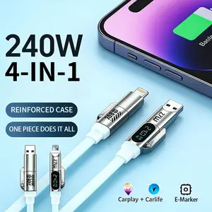 240W 4-in-1 Charging Cable, USB A Type C Lightning, Aluminum Alloy, Liquid Silicone, Durable Charging, Compatible with iPhone 17/16/15, iPad, Samsung, Laptops