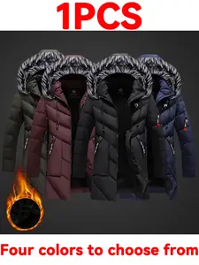 Men's Fitted Hooded Jacket with Fur Collar, Mid-Length Plain Long Sleeve Coat, Casual Fall & Winter Outerwear, Perfect Gift, Collared Coats, Casual Jackets