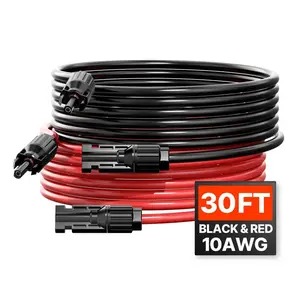 VEVOR 30FT Solar Panel Extension Cable, 10AWG Solar Extension Cable Wire with Female & Male Waterproof Connectors, 6mm² PV Cable for Home, Ship and RV Solar Panels, 30/100FT Black + 30FT Red (Set of 2)
