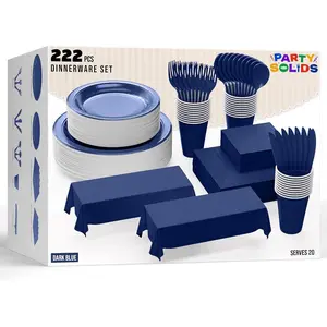 Exquisite Royal Blue Disposable Dinnerware Set 222 Pc for 20 Guests | Paper Plates, Plastic Cups, Cutlery, Napkins & Table Cover