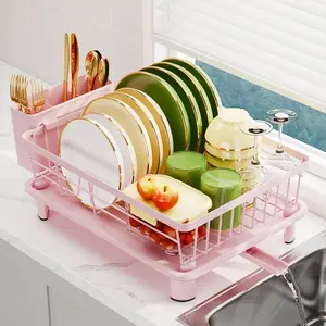 Dish Drainer Rack with Drip Tray, Sink Dish Drainer with Drainage Spout, Stainless Steel Dish Drying Rack with Cups, Utensil & Cutting Board Holders for Kitchen Counter Space-Saving, Pink Organiser