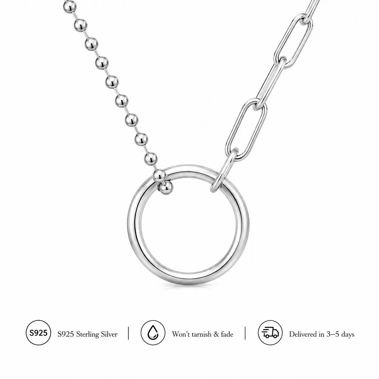 925 Silver Double Chain Circle Pendant Necklace for Women Minimalist Geometric Layered Chain Necklace Modern Everyday Jewelry Elegant Fashion Gift for Wife Girlfriend Daughter Sister Mom Birthday Anniversary Christmas Office Daily