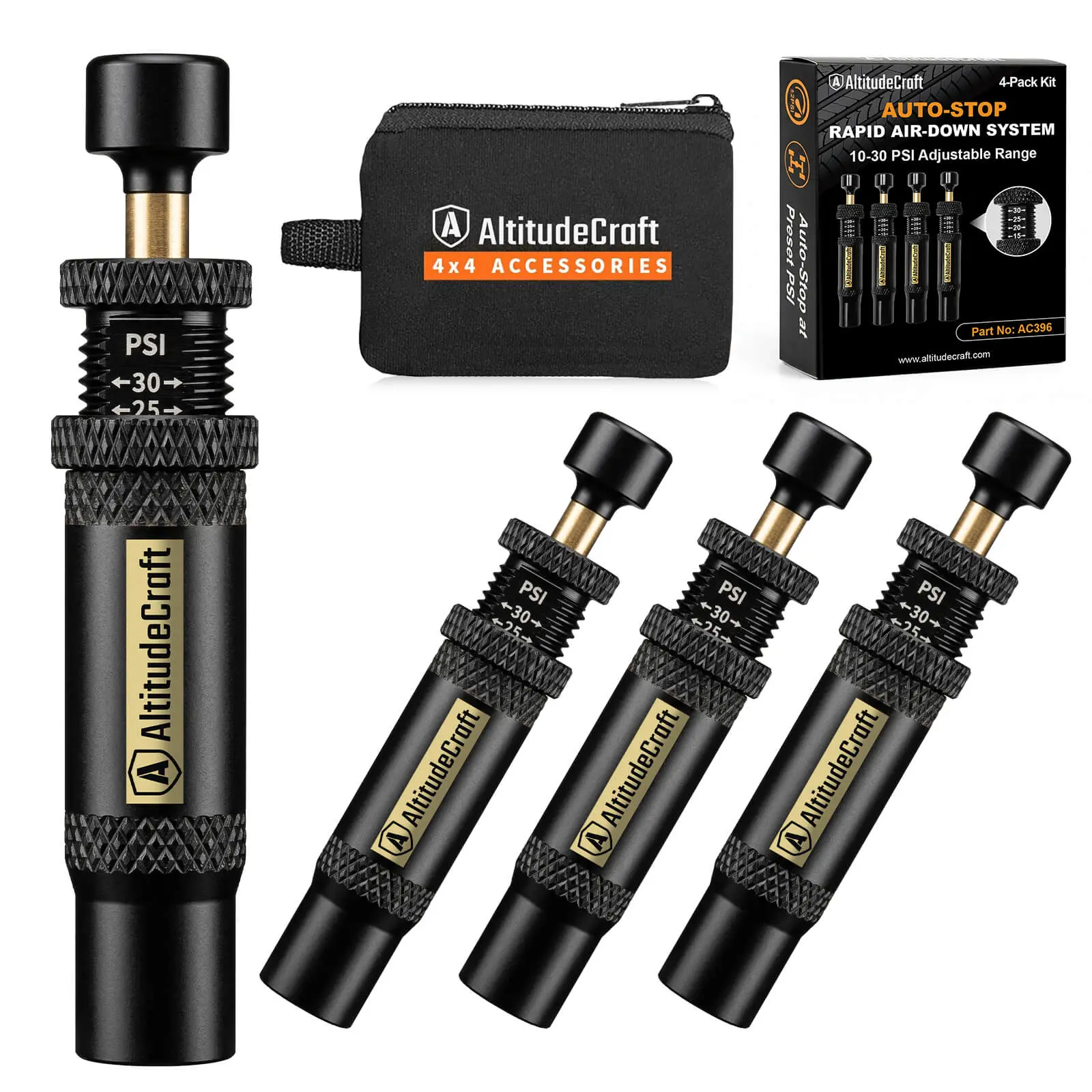 AltitudeCraft 4-Pack Automatic Tire Deflators with Inflator Function, Hands-Free Rapid Air Down in Minutes, 10-30 PSI Off-Road Automotive Tire Repair Tool for Beach & Trail, Automatic Tire Inflator