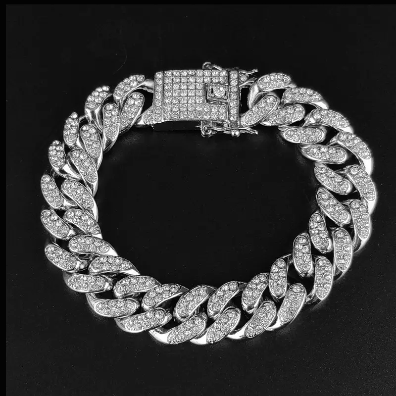 Men's Full Crystal Stone Cuban Chain Hip Hop Bracelet, Silver Metal Link, Rhinestone Luck Closure, Men's Jewelry, Cuban Chain Bracelets & Bangles, Wrist Candy, Rhinestone Decor Accessory, Rhinestone Decor Bracelet
