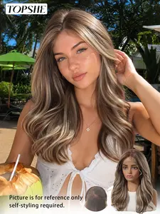 Topshe 13*6 Gold Highlights Lace Front Wig, Long Wavy Style, Smooth Texture, Natural Hairline, Breathable High-Definition Lace, Heat Resistant, Hd Lace Wig