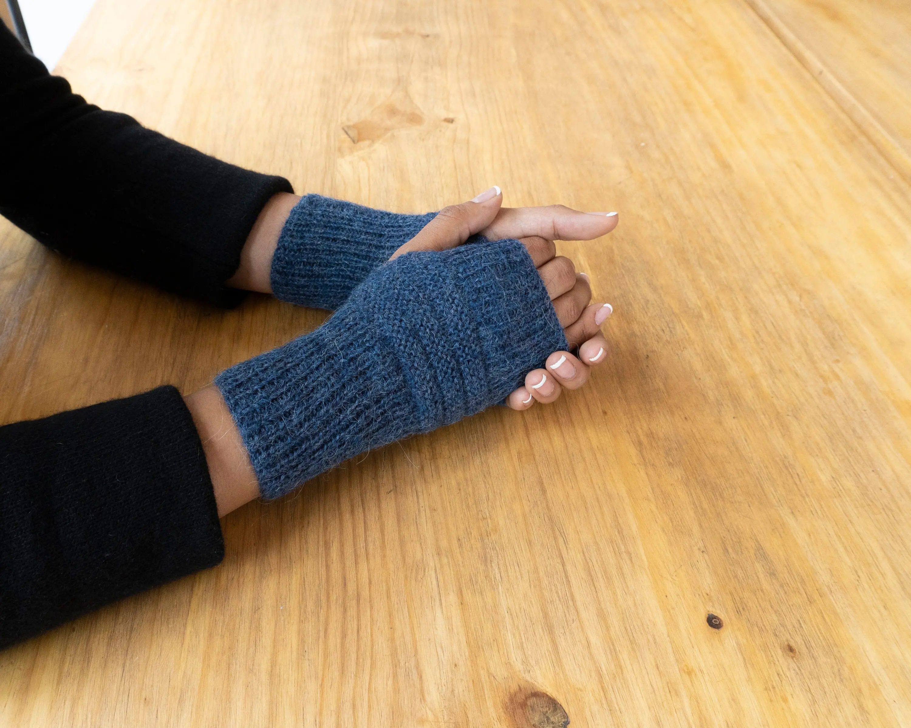 Baby Alpaca Fingerless Gloves, Crochet Wrist Length Denim Blue Gloves, Super Soft Comfortable, Gift for Her